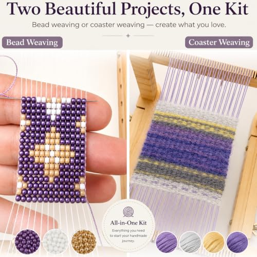 TMEGMIC 2-in-1 Wooden Bead Loom Kit, Bracelet and Coaster Weaving Kit with - color: Lavender Purple Kit