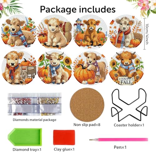 mrpwnle 8 Pcs Diamond Art Coasters Kits DIY Cow Diamond Painting Coasters - color: Fall Cow