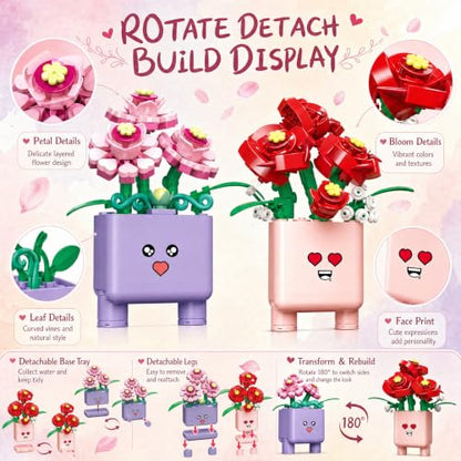 Botanicals Happy Plants Building Sets | 2 Cute Happy Plants Flowers Set, Succulents Botanical Collection for Home Office Décor, Gift for Women Wife Mom(244Pcs) - style: Purple and Pink