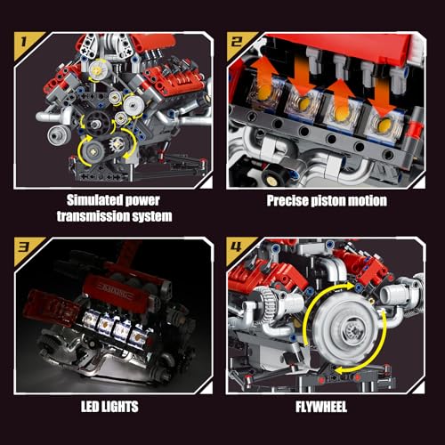 OWNONE 1 V8 Engine Model Kit that Work - 8-Cylinder Visible Engine Building Blocks Set with Motor, LED Light & APP Control - Build Your Own Engineering Kit, STEM Project for Adults & Kids (660 PCS) - color: Red