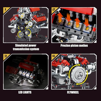 OWNONE 1 V8 Engine Model Kit that Work - 8-Cylinder Visible Engine Building Blocks Set with Motor, LED Light & APP Control - Build Your Own Engineering Kit, STEM Project for Adults & Kids (660 PCS) - color: Red