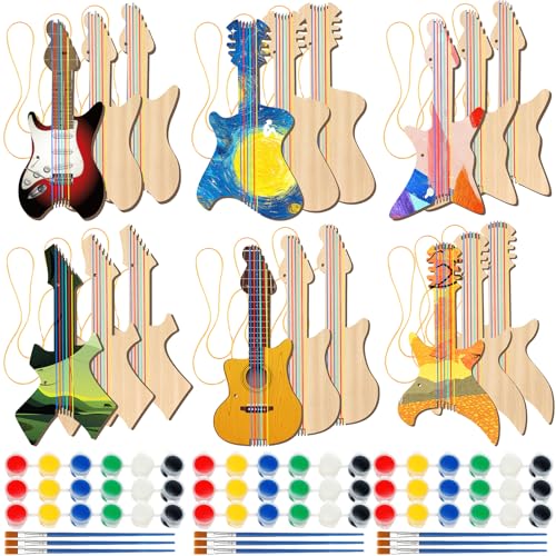 Syhood 36 Pcs 18 Sets DIY Wood Guitar (6 Difference Designs) with Pigments (6 Colors), DIY Wood Instruments Gift for Crafts Art Birthday Music Theme Party(Trendy Style) - style: Trendy Style