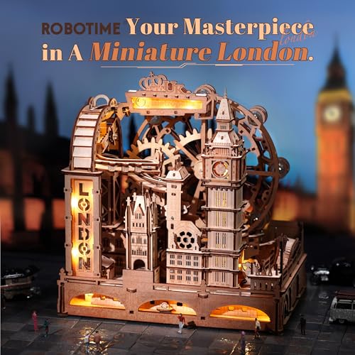 ROBOTIME Wooden Town Marble Run - 3D Wooden Puzzles for Adults EGB01 Night City Marble Run Kit - Wooden Puzzle Models for Adults to Build - Space/STEM/Engineering Gift