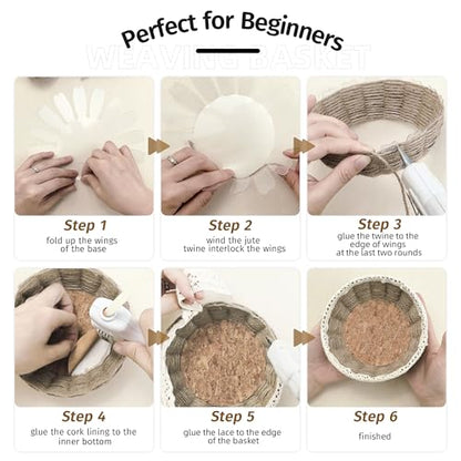 AOUXSEEM 8 Sets Basket Weaving Craft Kit for Beginners,DIY Burlap Style Desk Storage Small Parts Candy Cookies Bowls,8 inches Plastic Base and 109yd Jute Twine and Cork Linings & Lace
