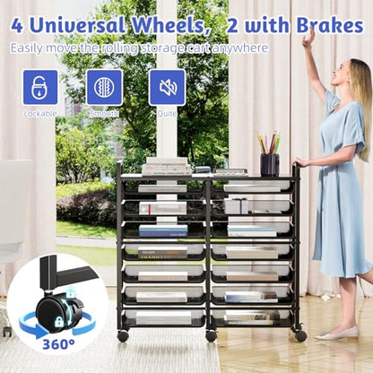 Simple Trending 15-Tier Rolling File Cart, Desk File Organizer with 14 Mesh Sliding Trays, Letter & Legal Paper Storage Rolling Utility Cart for Office Home School, Black - style: 15-Tier Black