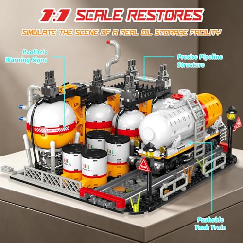 Modular Gas Station & Chemical Plant Building Set, 743 PCS Industrial Storage Tank Brick Model with Loading Bay, Display Model Kit for Adults and Kids Ages 6+ - style: Transportation and Storage Factory