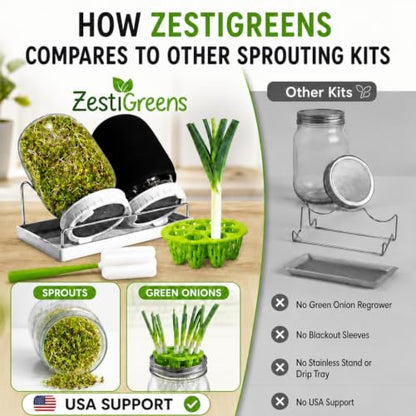 Sprouting Jar Kit - 2 Wide-Mouth Mason Jars with Stand and Sprout Lids - color: Sprouts Growing Kit & Green Onion Regrower
