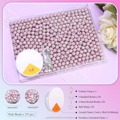 Dowarm 255PCS 10mm Rhinestone Beads, Pink Rhinestone Clay Beads for Baseball Necklace Bracelet Jewelry Making Crafts Beaded Pen, Round Polymer Clay Shamballa Pave Disco Diamond Bead - color: 02-Pink