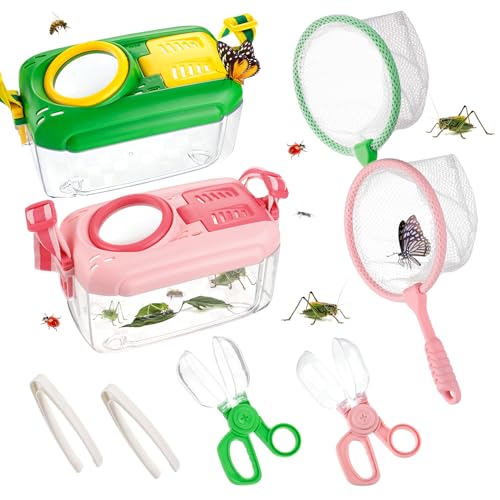 2 Sets Bug Catcher for Kids, Bug Catching Kit Gifts with Butterfly Net Toys - color: Green + Pink