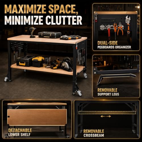 60" Heavy Duty Foldable Workbench with Transformable Wheels Adjustable Height, Rubberwood Table & Carbon Steel Frame with Pegboard, Max Load 2500 LBS for Garage, Woodworking, Office, Home - size: Large
