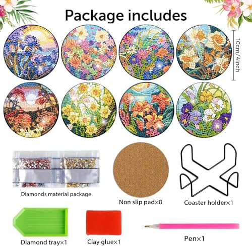 8 Pcs Diamond Art Coasters Kit for Adult with Holder, Diamond Coaster 4x4in - color: Flowers Coasters-A, size: 8 Pcs 4x4in
