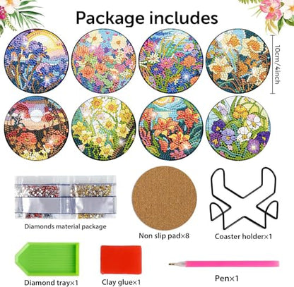 8 Pcs Diamond Art Coasters Kit for Adult with Holder, Diamond Coaster 4x4in - color: Flowers Coasters-A, size: 8 Pcs 4x4in