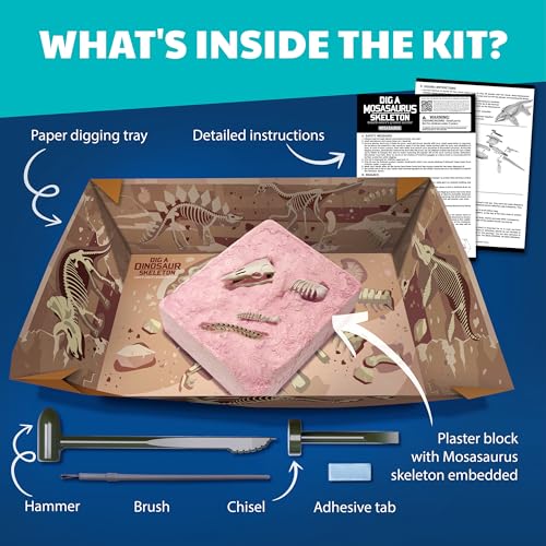 4M Dig a Mosasaurus Skeleton Kit for Kids Ages 8-12 – 11 Realistic Bones, STEM Fossil Excavation Set with Hammer, Chisel & Brush, Marine Reptile Digging Kit, Educational Paleontology Gift