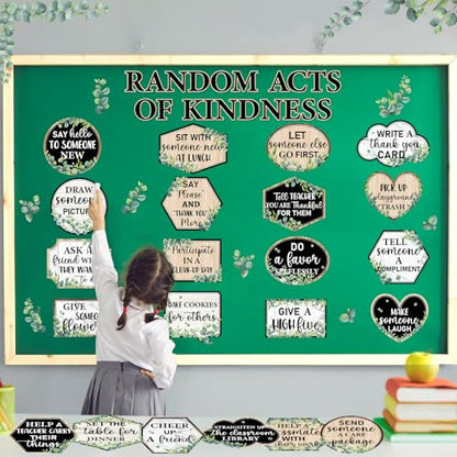 QOUBAI Greenery Random Acts of Kindness Bulletin Board Set Eucalyptus Classroom Bulletin Board Decorations Kindness Challenge Cutouts Classroom Decorations for Back to School Office Chalkboard Decor - style: Greenery
