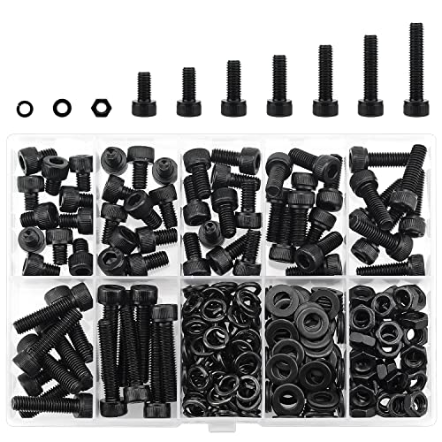 HELIFOUNER 240 Pieces M5 x 6mm /8mm /10mm /12mm /16mm /20mm /25mm, Hex Socket Head Cap Screws Bolts Washers Nuts Kit, 12.9 Grade Alloy Steel, Full Threaded, Black - size: M5, style: Socket Head