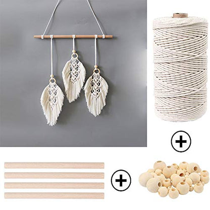 87pcs Macrame Kits for Beginners 3mm x 220yards Natural Cotton Macrame Cord Wall Hanging Kit, Macrame Supplies Best for Macrame Plant Hanger with Wooden Beads,Wooden Rings - size: 3mm x 220yards set-87pcs