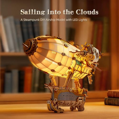 FUNPOLA LED 3D Wood Puzzle Fantasy Airship Model - Steampunk DIY Craft Kit with LED Lights – Intricate Wooden Airship Model Building Set for Adults(White) - color: White
