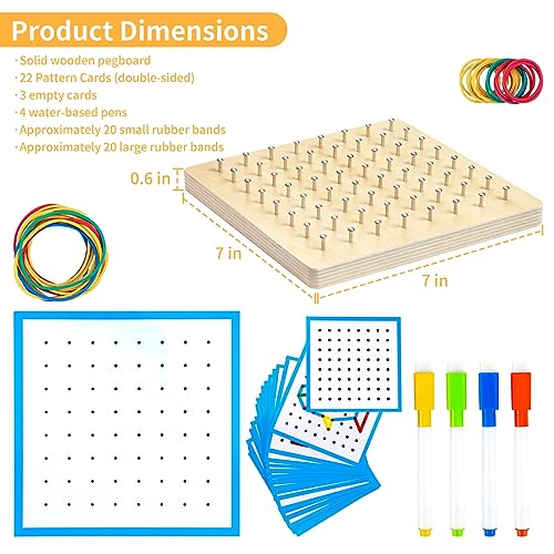 HEELWIRE Wooden Geoboard, Montessori Educational Toy for Kids with Pattern Cards and Rubber Bands to Figures and Shapes, Brain Teaser STEM Geo Board - size: 7*7*0.6 in Plus