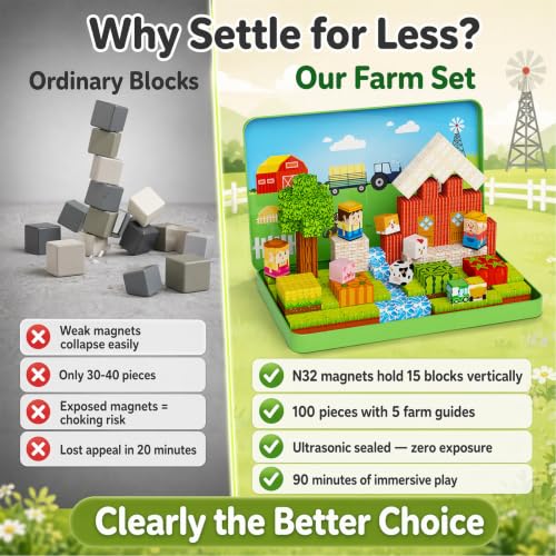 Magnetic Cubes Farm Travel for Kids: Hold 15 Blocks, 60s Storage - size: Farm Animals Large - 100PCS