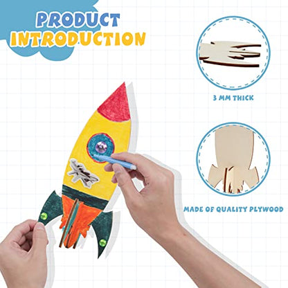 BAPHILE 12 Pack DIY Wood Rocket, Mini and Decorate Wooden Craft Kits With Tools for Kids School Home Party Decor Projects