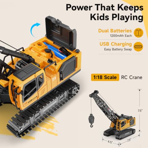 Remote Control Crane Toy for Boys, 2.4GHz RC Crawler Crane with Metal Hook & 2x1200mAh Batteries, 1:18 12-Ch RC Construction Vehicle with Lights, Sound,Spray, Birthday Gift for Kids Ages 8-12 - size: 7.3*4.5*7.5IN