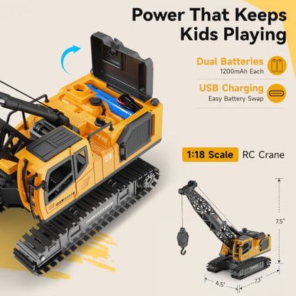 Remote Control Crane Toy for Boys, 2.4GHz RC Crawler Crane with Metal Hook & 2x1200mAh Batteries, 1:18 12-Ch RC Construction Vehicle with Lights, Sound,Spray, Birthday Gift for Kids Ages 8-12 - size: 7.3*4.5*7.5IN