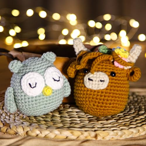 CrochetBox Brown Highland Cow and Owl Crochet Kit for Beginners, 2 PCS Set - color: 2 PCS Brown Highland Cow and Owl