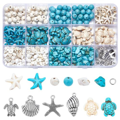 SUNNYCLUE 1 Box 217Pcs Turtle Beads Starfish Beads Boho Sea Turtle Starfish Shell Charm Bulk Summer Hawaii Ocean Charms Turquoise Loose Spacers for Jewelry Making Kits DIY Craft Supplies - color: Boho Styles Beads Kit-5