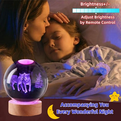 3D Wolves Crystal Ball Lamp with Remote Control, 3.15 inch Wolf Crystal Night Light with Wooden Base 16 Colors Change, Wolf Glass Figurine Lamp Gift for Girls Boys Wife Girlfriend Mom (Wolves) - color: Wolves