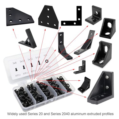 200Pcs 2020 Aluminum Extrusion M5 T Slot Bolts Screws with Washer 20 Series Extruded Hardware M5x8 10 12 14mm for 20/20 80 20 2040 T V Slot Black Aluminum Profile Accessories - style: 20 Series Type E