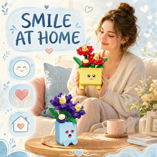 Botanicals Happy Plants Building Sets | 2 Cute Happy Plants Flowers Set, Succulents Botanical Collection for Home Office Décor, Gift for Women Wife Mom(222Pcs) - style: Yellow and Blue