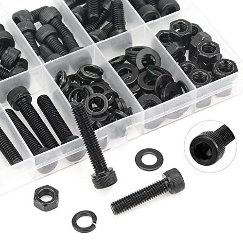 HELIFOUNER 128 Pieces M6 x 8mm /10mm /12mm /16mm /20mm /25mm /30mm, Hex Socket Head Cap Screws Bolts Washers Nuts Kit, 12.9 Grade Alloy Steel, Full Threaded, Black - size: M6, style: Socket Head