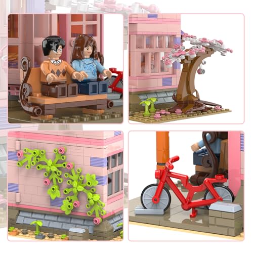 City Cherry Blossom Lighting House Building Sets for Adult 1432 PCS - size: Romantic Pink House