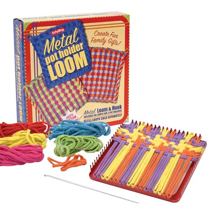 Schylling Metal Pot Holder Loom Kit - Classic Durable Weaving Frame to Make Pot Holders - Includes Loom, Hook, Instructions, and 80 Colorful Cotton Loops - Ages 5 and Up