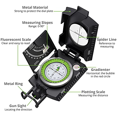 Proster Lensatic Sighting Compass IP65 Waterproof with Clinometer Bag - color: Black Compass