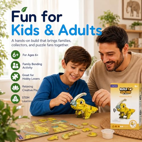 MierEdu Build 'N' Sound 3D Puzzle for Kids, Animal Puzzle with Sound Module, Educational STEM Craft Kit, FSC Paper Model Building Toy Gift for Ages 6+ - color: Parasaurolophus
