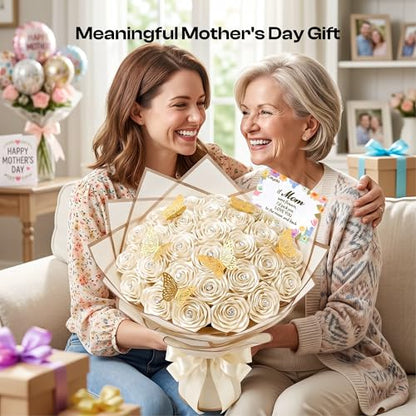 Caydo Ivory Ribbon Rose Bouquet for Gifts - color: Ivory