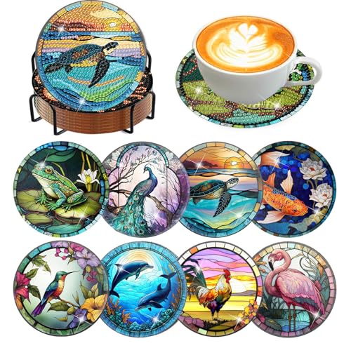 Meothan 8 Pcs Animals Diamond Art Coasters Kit for Adults with Holder 4x4in - color: Animals Coasters, size: 8 Pcs 4x4in