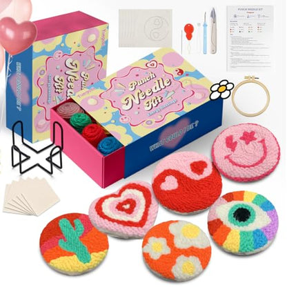 yuegool 6PCS Energy Punch Needle Coasters Kit,Easy DIY Punch Needle Embroidery Kit for Beginners Adults Kids Including Patterns, Tools, Yarns, Hoop, Instruction, Coaster Holder Art Craft Supplies - color: energy blessings, size: 4-inch diameter