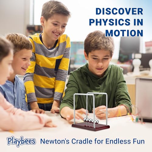 Newton's Cradle 5 Ball Kinetic Pendulum, Brown Wood Base Office Desk Toy