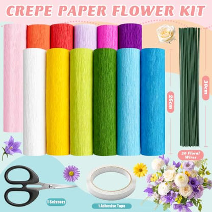 Premium Crepe Paper for Flower Making Kit, 12 Rolls Italian Crepe Paper - color: 12 Multicolor