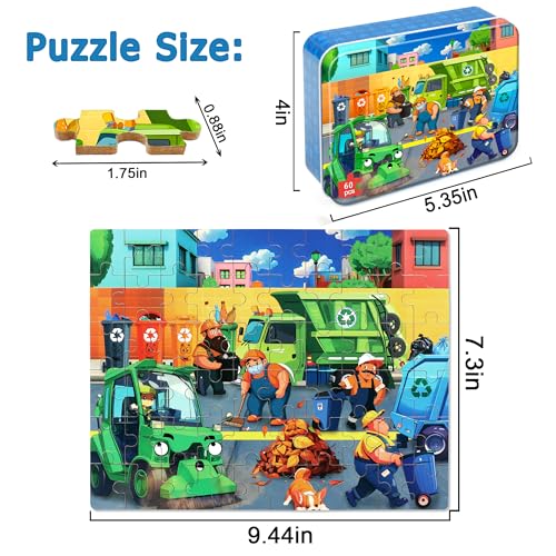 LELEMON Puzzles for Kids Ages 4-6,Recycling Garbage Truck 60 Piece Puzzles for Kids Ages 4-8,Children Jigsaw Puzzles in a Metal Box,Educational Learning Puzzle Toys for Girls and Boys - color: Garbage Truck