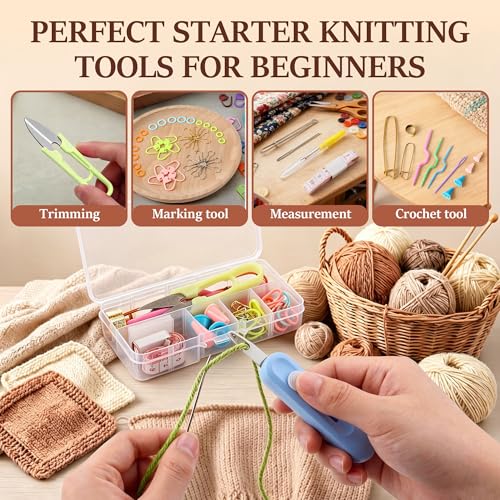 Gulfmew All in One Knitting Kit with Automatic Needle Threader, Sewing Accessories Set with Scissors, Stitch Markers & Portable Storage Case, Easy Threading Tool for Beginners, Crochet & DIY Crafts