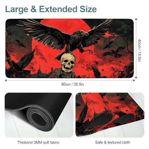 Red Moon Raven Extended Gaming Mouse Pad 35.4 x 15.7 Inch, Gothic Crow Large Desk Mat, Dark Fantasy Mouse Pad with Non Slip Rubber Base for Gaming Setup and Office - color: 51, size: 35.4"x 15.7"