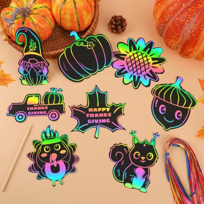 JULMELON 36Pcs Fall Thanksgiving Scratch Art for Kids, Magic Rainbow Paper - style: Thanksgiving Crafts