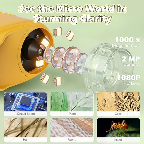 Alotwan Microscope for Kids 1000X Digital, Handheld Kids Microscope - color: Yellow