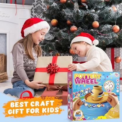 Pottery Wheel for Kids with Air Dry Clay Kit, 12 Paints & Tools, Ages 6-12 - color: yellow/blue