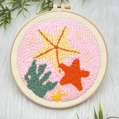 ERKOON Punch Needle Kit Adults Beginners, DIY Easy Sea Animals Embroidery Set for Starter Art Craft, Needling Punch Project with Patterns, Tools, Yarns, Hoop, Instruction (Starfish) - color: Starfish