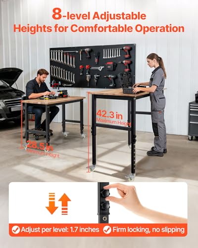 VEVOR Adjustable Workbench on Wheels, 1500 lbs Capacity, 48 x 24 Inch Oak Wood Top Workbench with 28.5-42.3 Inch Height Adjustment, Heavy-Duty Hardwood Worktable for Garage, Workshop, Home, Office