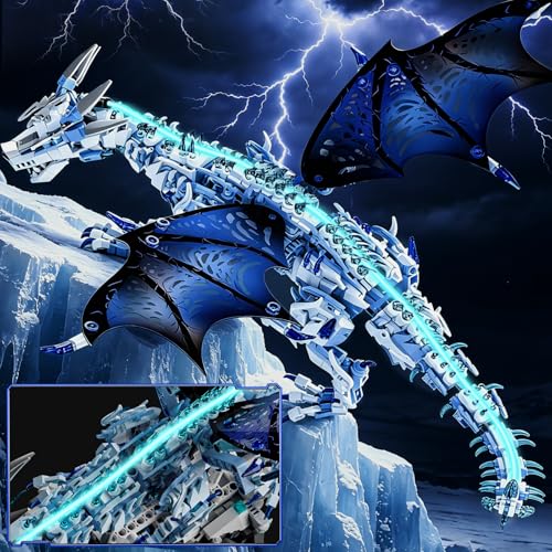 OWNONE 1 Mechanical Ice Dragon Building Block Set with LED Light & Movable Head, Wings and Limbs, Fantasy Dragon Model Kit for Home & Office Decor, Birthday for Teens & Adults & Kids (1646 PCS)